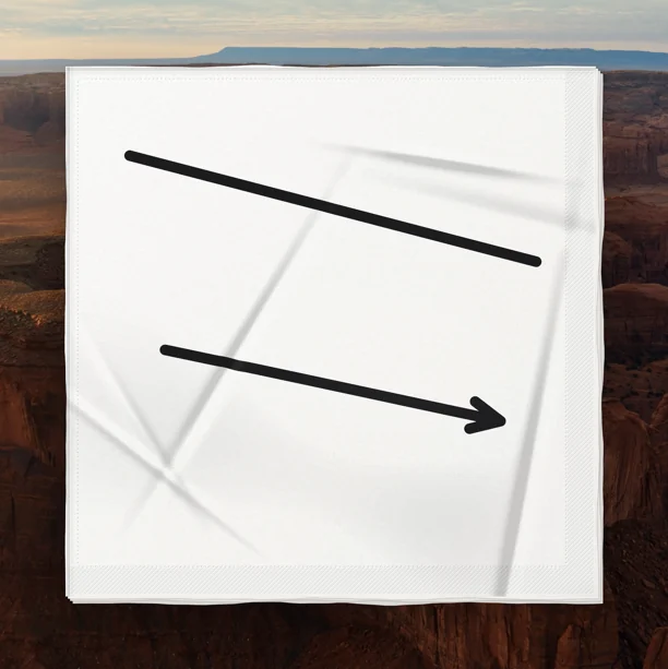 The Napkin window on a macOS desktop: a folded white paper napkin with two hand-drawn lines, one ending in an arrow, over a canyon wallpaper.